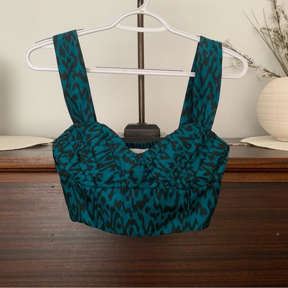 Wilfred Rhapsody Teal & Black Animal Print Cropped Top, Size 0 - Picture 2 of 12